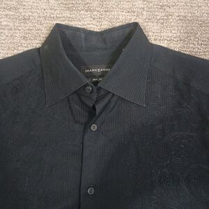 Jhane Barnes Button Up Long Sleeve Shirt Men's Medium Black W/ Embroidered Chest